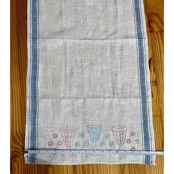 Vtg 50s Embroidered Kitchen Tea Towel Pink Blue Glasses Table Runner Cottagecore - Picture 6 of 11